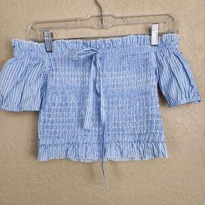 English Factory Blue and White Striped Smocked Top Size Small (2995)